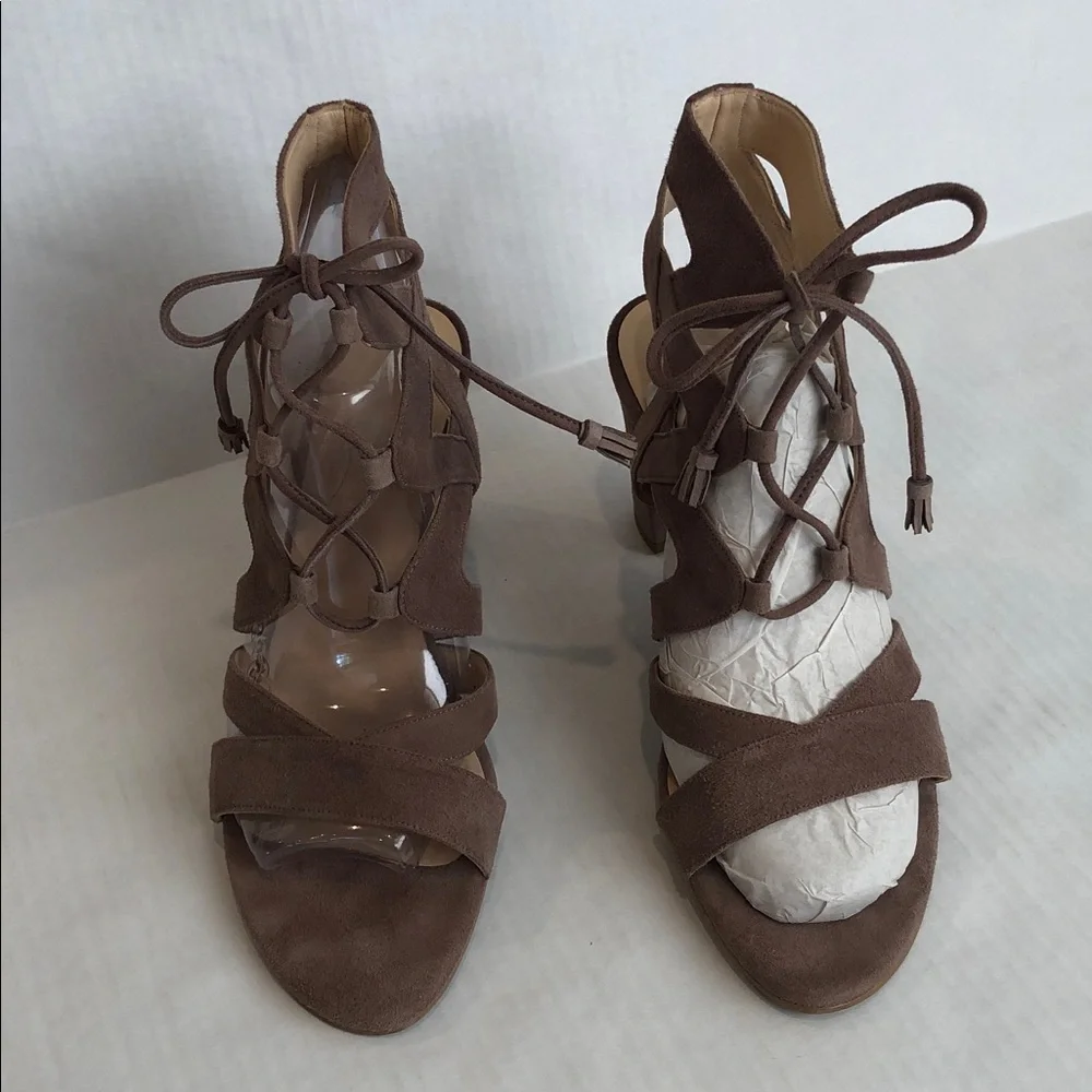 Brenda Zaro Taupe Suede Strappy Bloch Heel Sandals Size 9